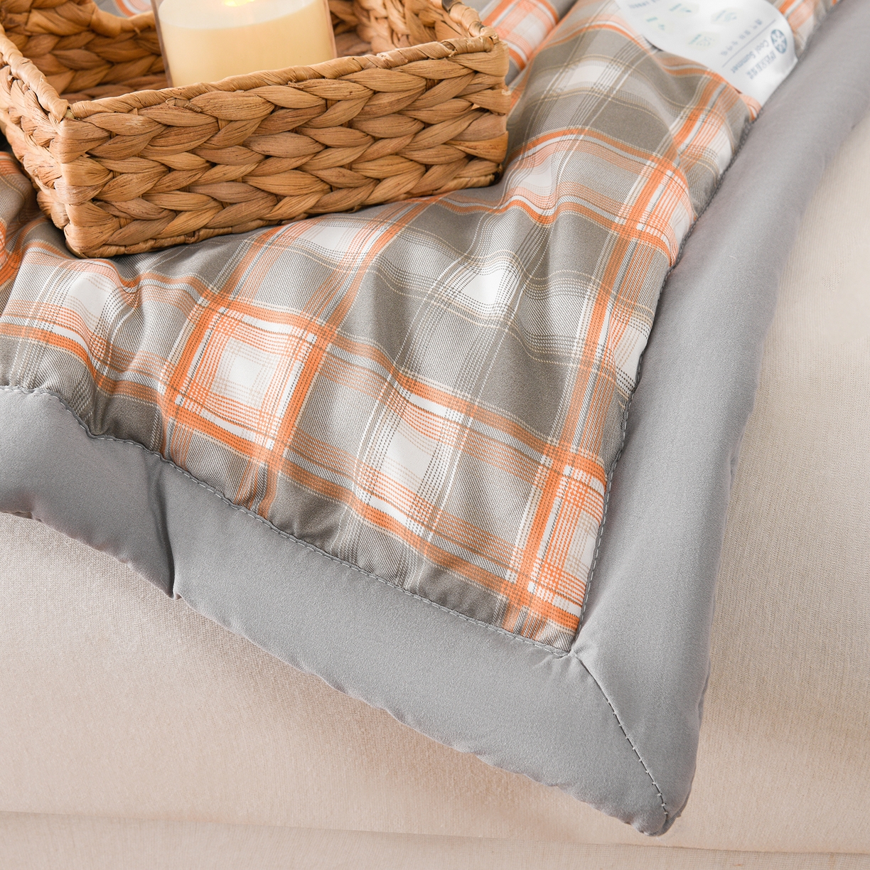 91家纺网 家纺一手货源 找家纺 壹张床 2026新款无印风A类水洗棉大豆纤维夏凉被夏被空调被 极简-橙灰格