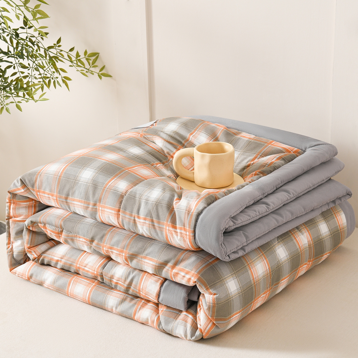 91家纺网 家纺一手货源 找家纺 壹张床 2026新款无印风A类水洗棉大豆纤维夏凉被夏被空调被 极简-橙灰格