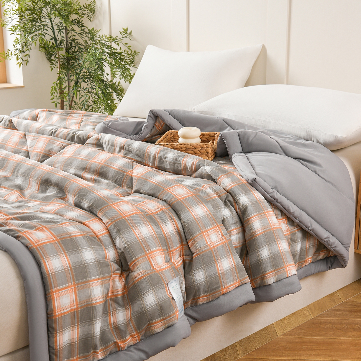 91家纺网 家纺一手货源 找家纺 壹张床 2026新款无印风A类水洗棉大豆纤维夏凉被夏被空调被 极简-橙灰格