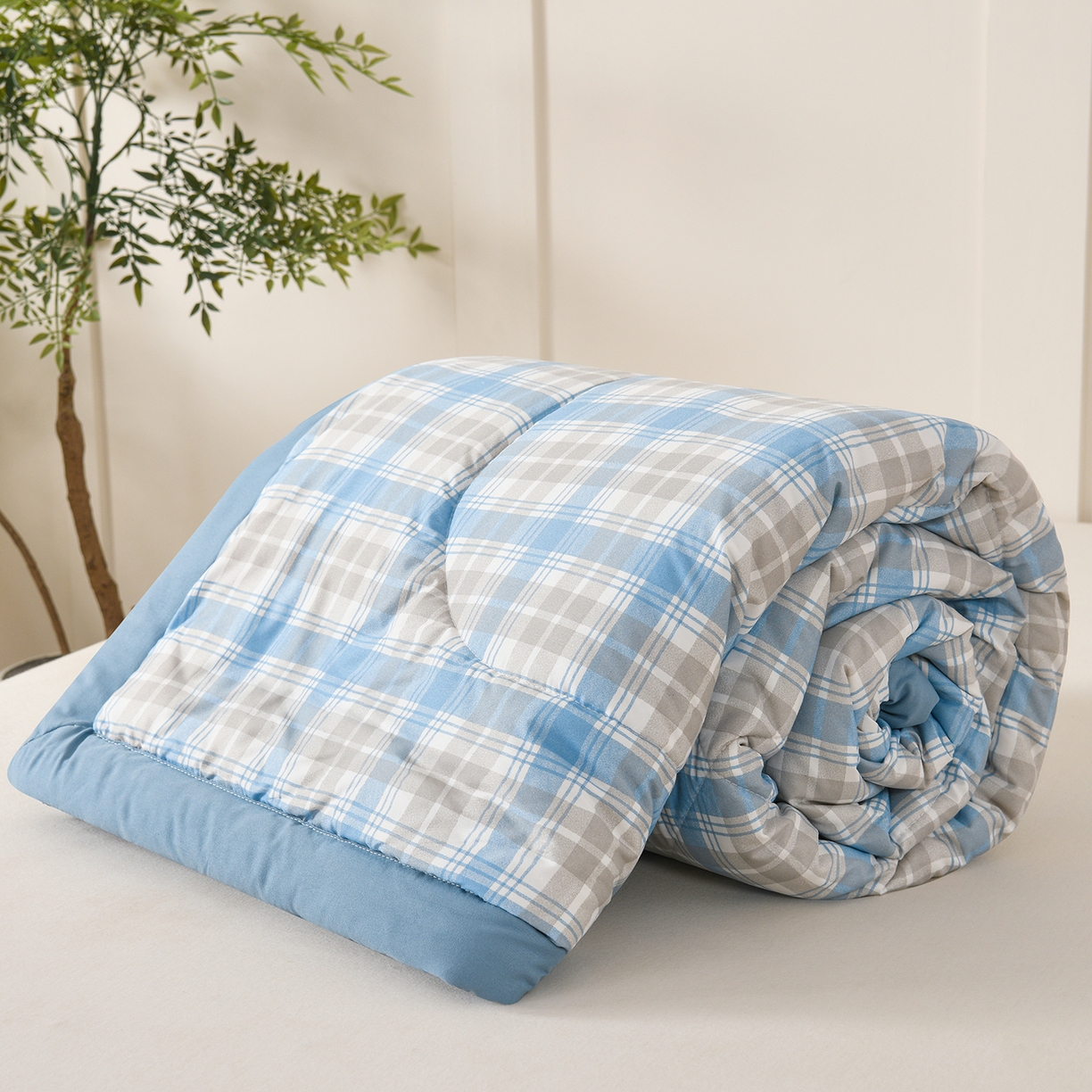 91家纺网 家纺一手货源 找家纺 壹张床 2026新款无印风A类水洗棉大豆纤维夏凉被夏被空调被 极简-蓝白格