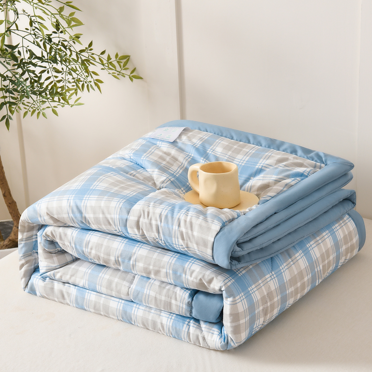 91家纺网 家纺一手货源 找家纺 壹张床 2026新款无印风A类水洗棉大豆纤维夏凉被夏被空调被 极简-蓝白格