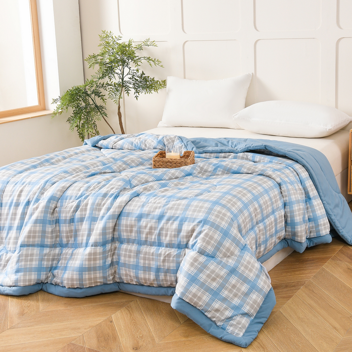 91家纺网 家纺一手货源 找家纺 壹张床 2026新款无印风A类水洗棉大豆纤维夏凉被夏被空调被 极简-蓝白格