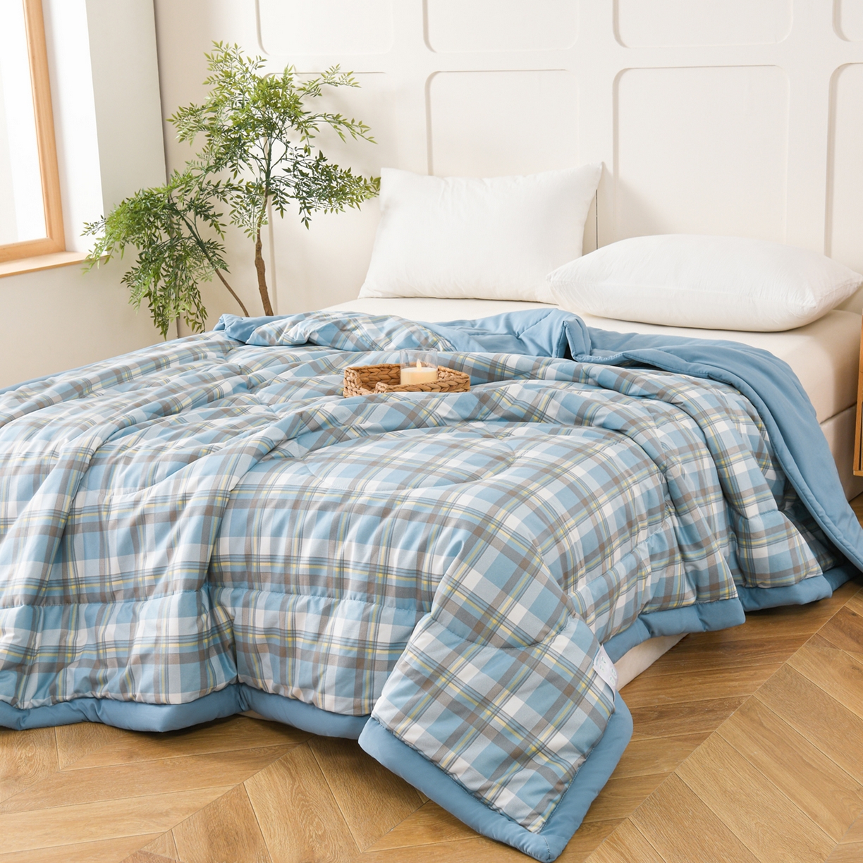 91家纺网 家纺一手货源 找家纺 壹张床 2026新款无印风A类水洗棉大豆纤维夏凉被夏被空调被 极简-蓝黄格