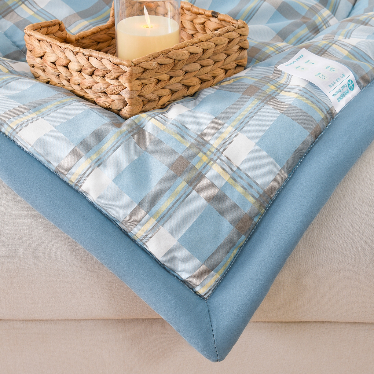 91家纺网 家纺一手货源 找家纺 壹张床 2026新款无印风A类水洗棉大豆纤维夏凉被夏被空调被 极简-蓝黄格