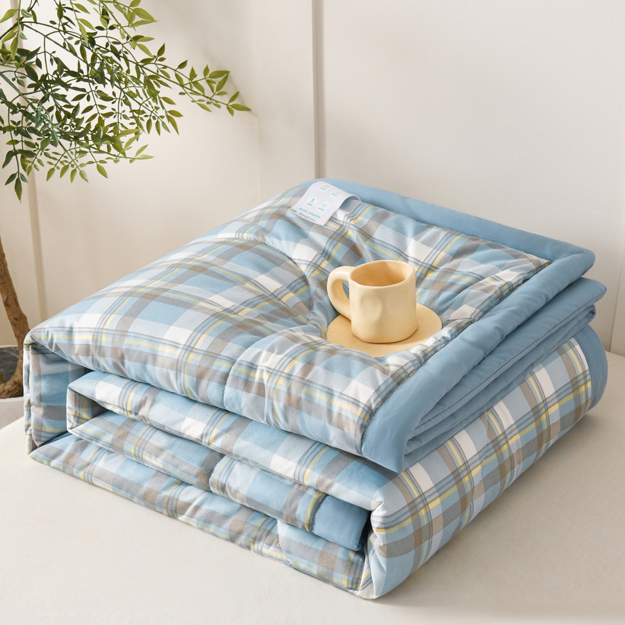 91家纺网 家纺一手货源 找家纺 壹张床 2026新款无印风A类水洗棉大豆纤维夏凉被夏被空调被 极简-蓝黄格