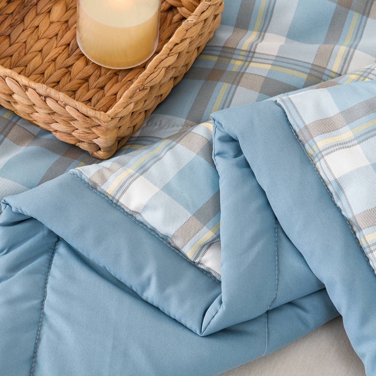 91家纺网 家纺一手货源 找家纺 壹张床 2026新款无印风A类水洗棉大豆纤维夏凉被夏被空调被 极简-蓝黄格