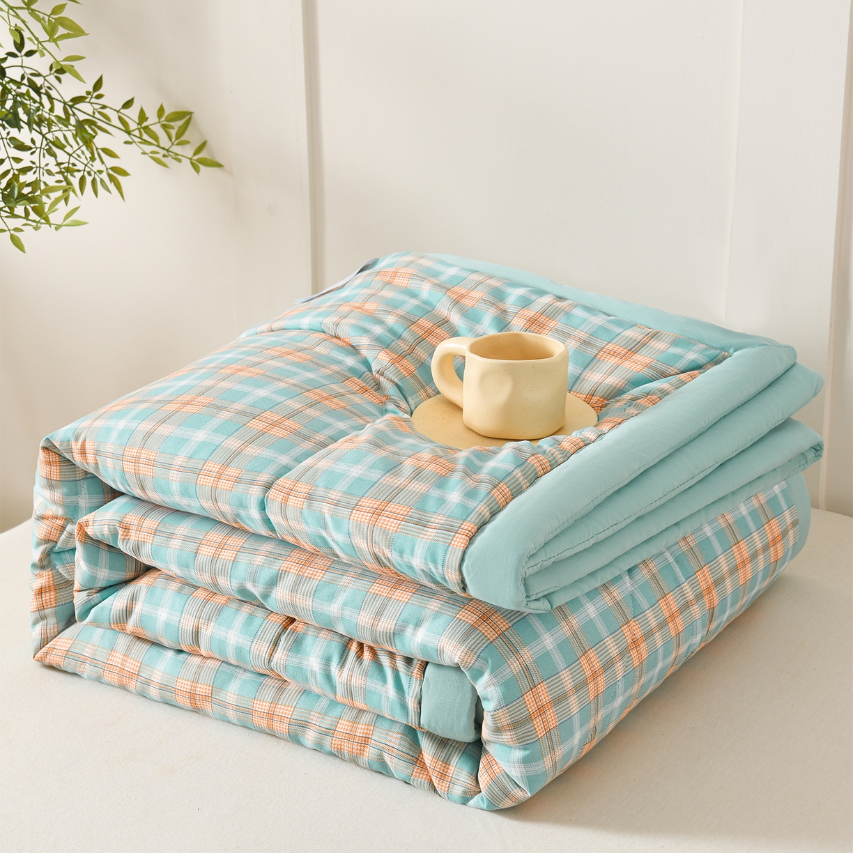 91家纺网 家纺一手货源 找家纺 壹张床 2026新款无印风A类水洗棉大豆纤维夏凉被夏被空调被 极简-绿橙格