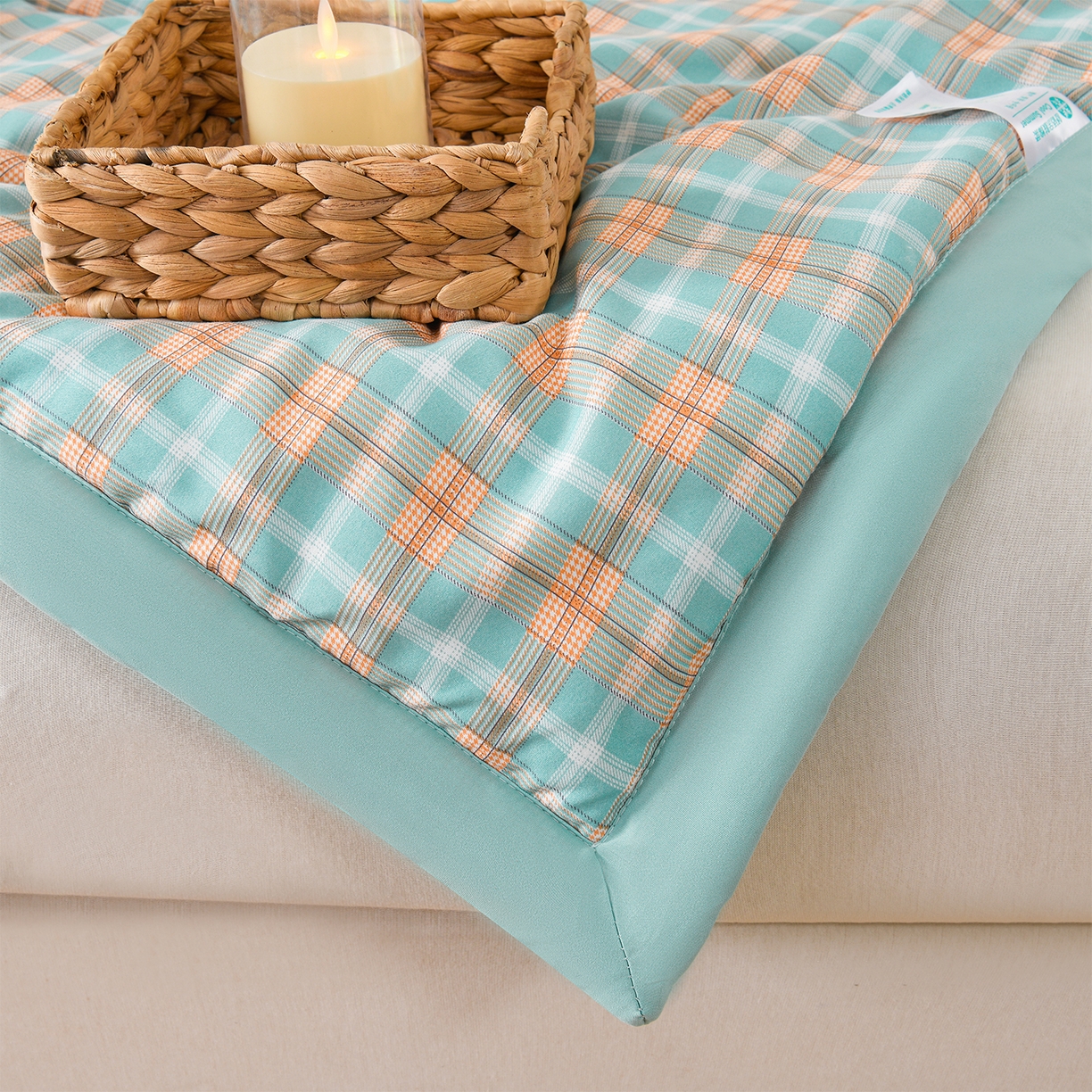 91家纺网 家纺一手货源 找家纺 壹张床 2026新款无印风A类水洗棉大豆纤维夏凉被夏被空调被 极简-绿橙格