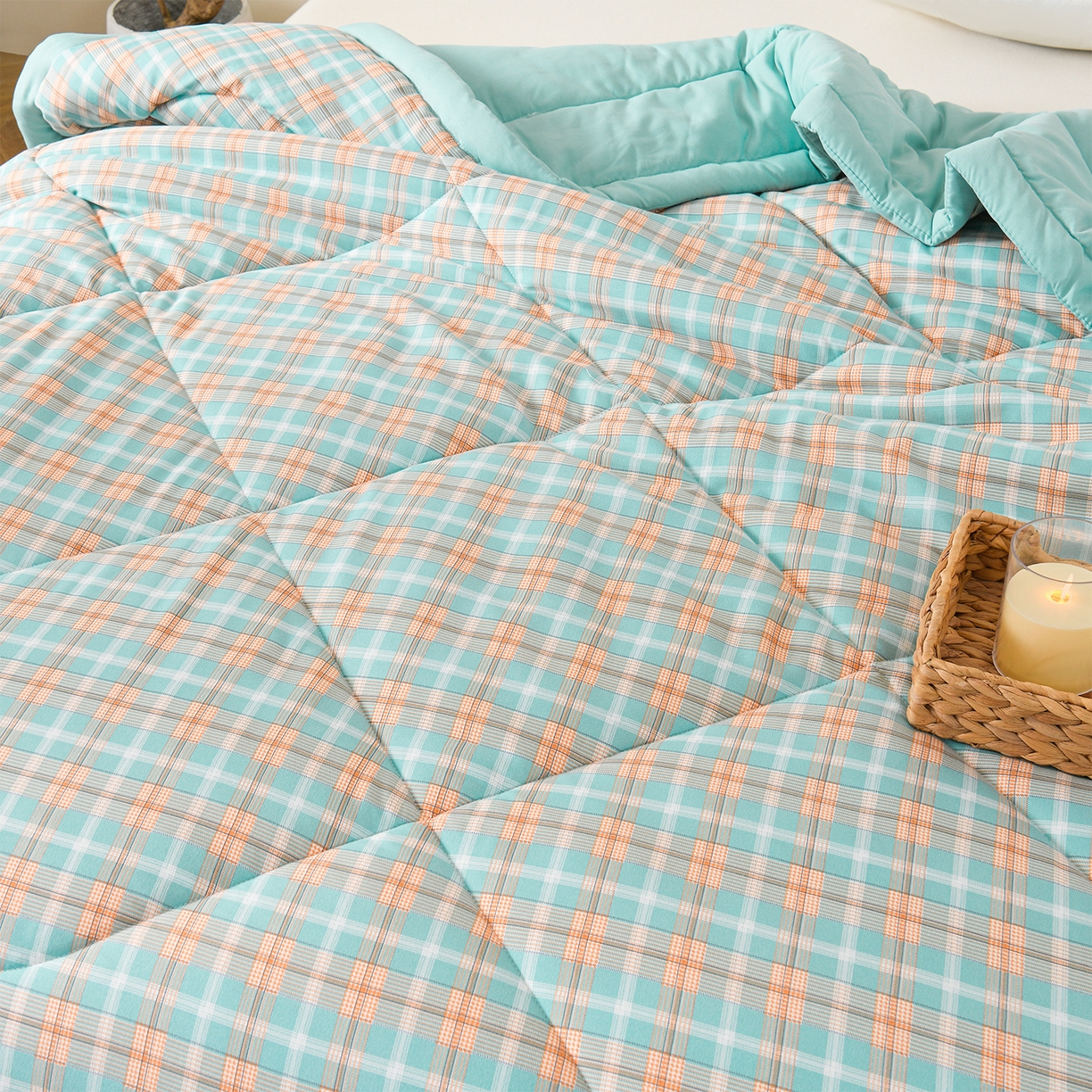 91家纺网 家纺一手货源 找家纺 壹张床 2026新款无印风A类水洗棉大豆纤维夏凉被夏被空调被 极简-绿橙格