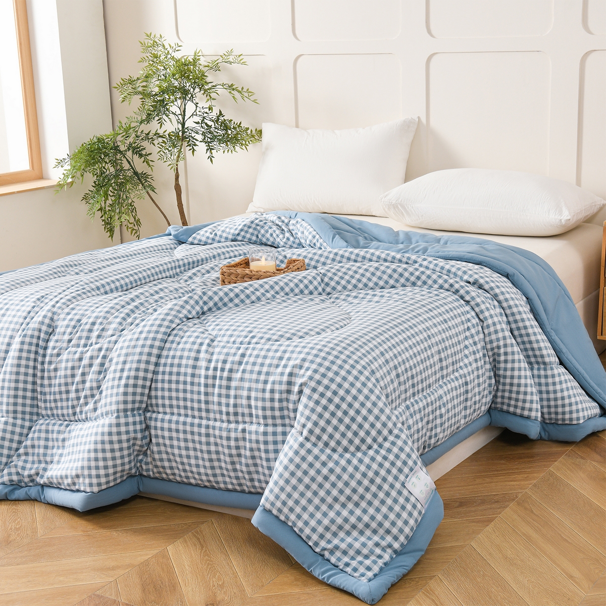 91家纺网 家纺一手货源 找家纺 壹张床 2026新款无印风A类水洗棉大豆纤维夏凉被夏被空调被 极简-小蓝格