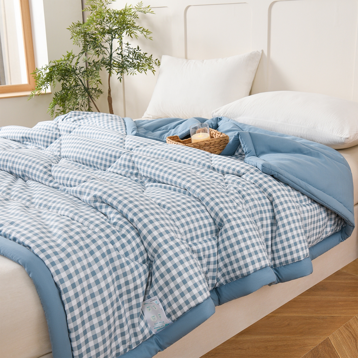 91家纺网 家纺一手货源 找家纺 壹张床 2026新款无印风A类水洗棉大豆纤维夏凉被夏被空调被 极简-小蓝格