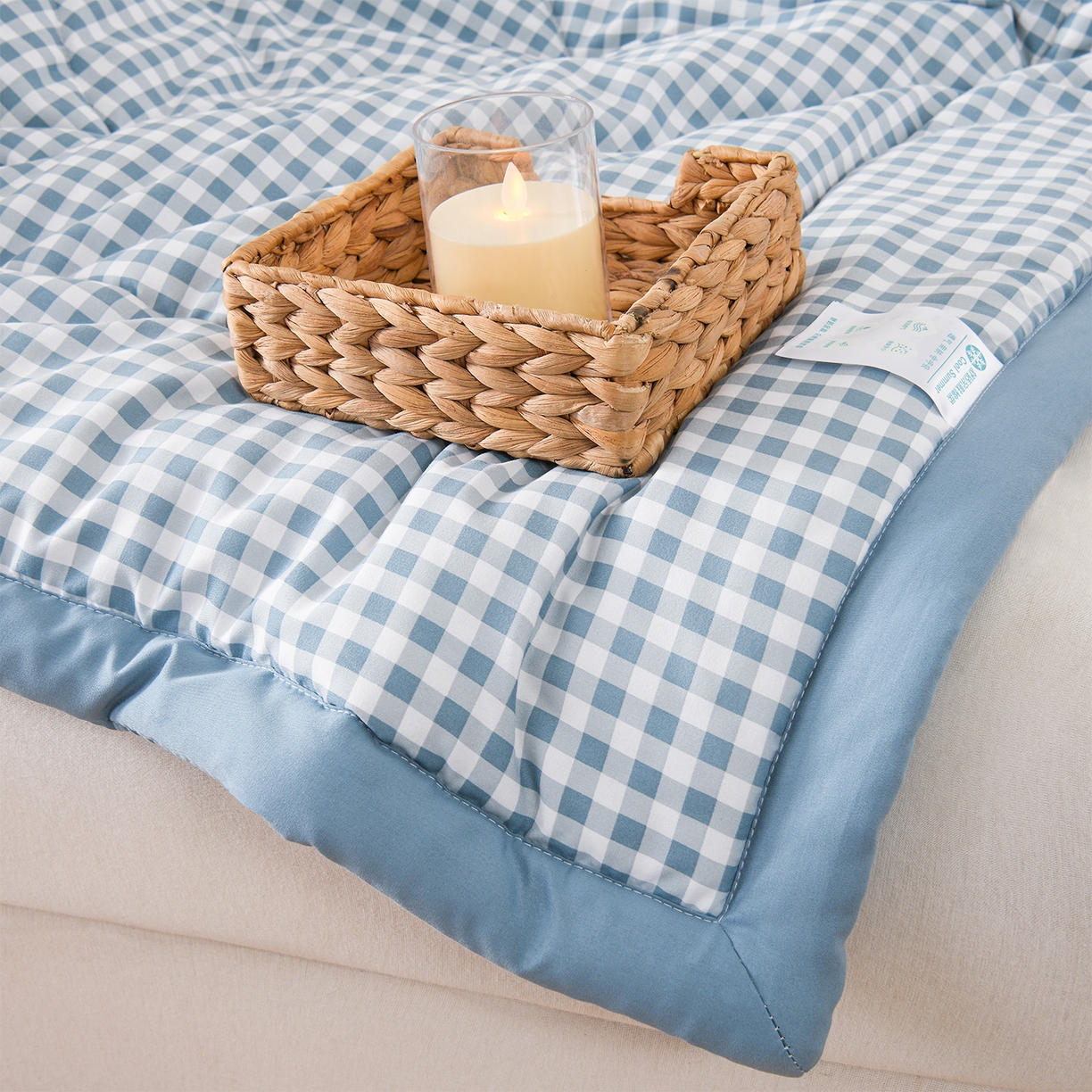 91家纺网 家纺一手货源 找家纺 壹张床 2026新款无印风A类水洗棉大豆纤维夏凉被夏被空调被 极简-小蓝格