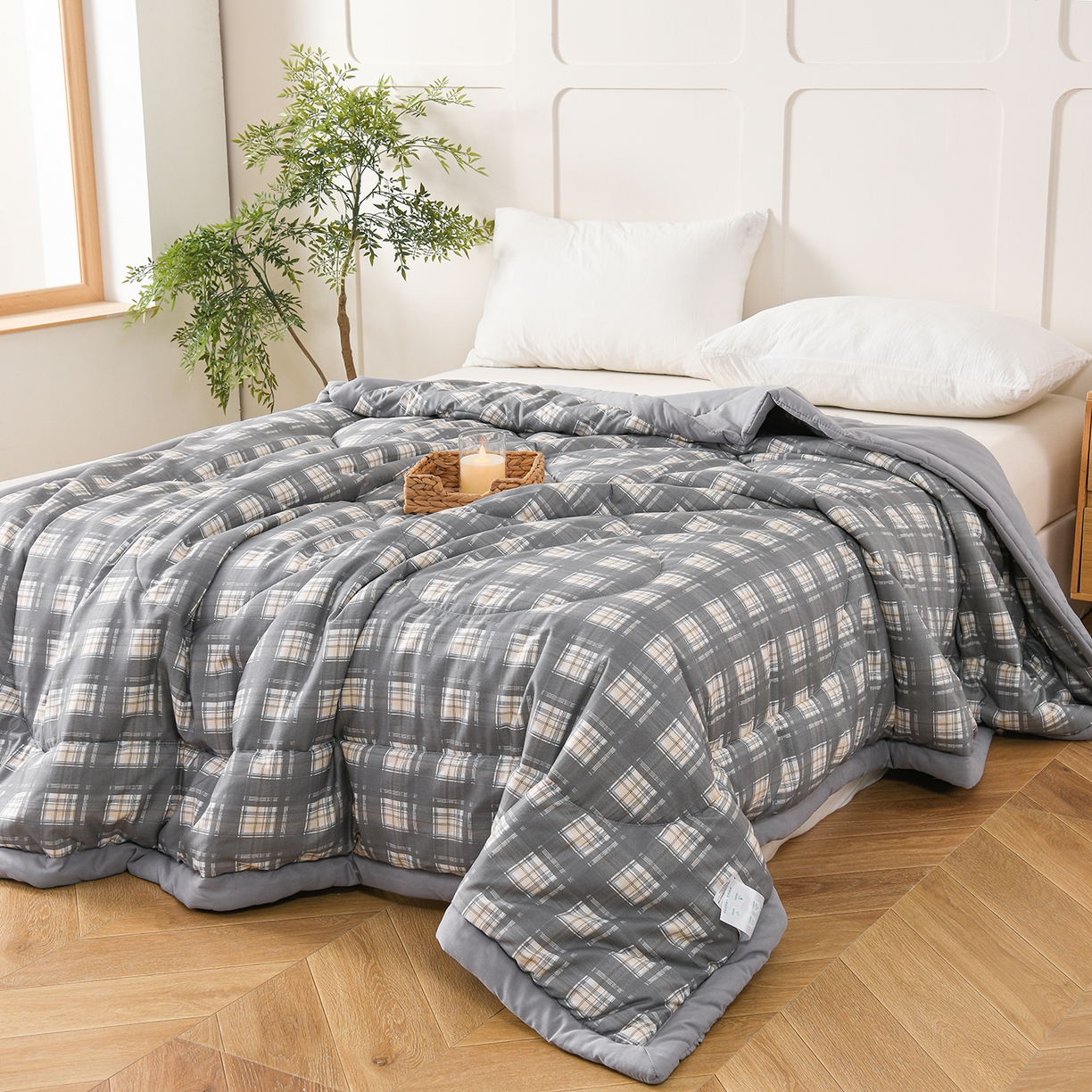 91家纺网 家纺一手货源 找家纺 壹张床 2026新款无印风A类水洗棉大豆纤维夏凉被夏被空调被 极简-烟灰格