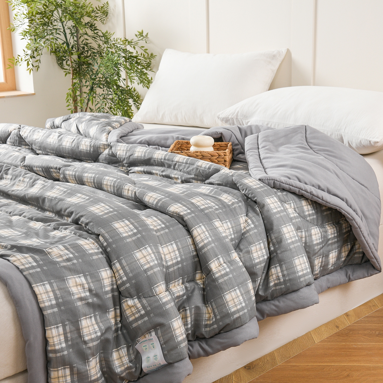 91家纺网 家纺一手货源 找家纺 壹张床 2026新款无印风A类水洗棉大豆纤维夏凉被夏被空调被 极简-烟灰格