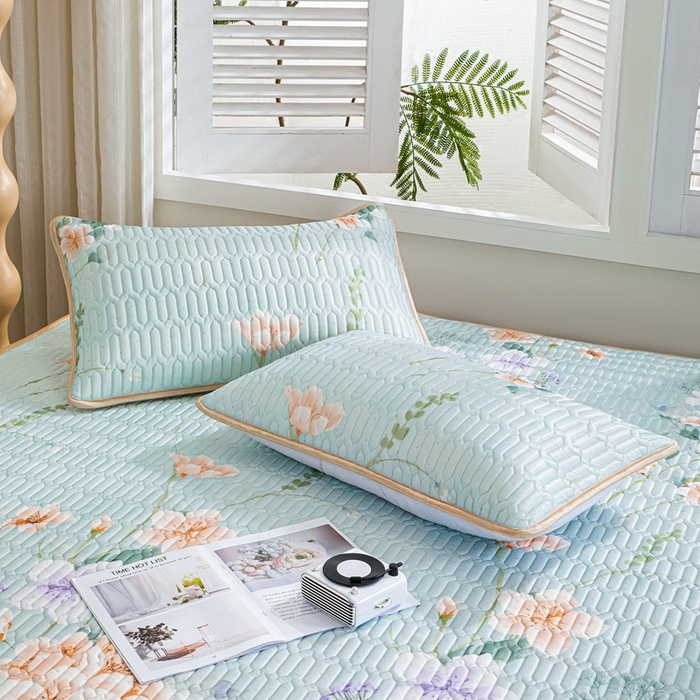 91家纺网 家纺一手货源 找家纺 美丽折 2026新款0.6厚欧式乳胶凉席三件套 曼谷花海