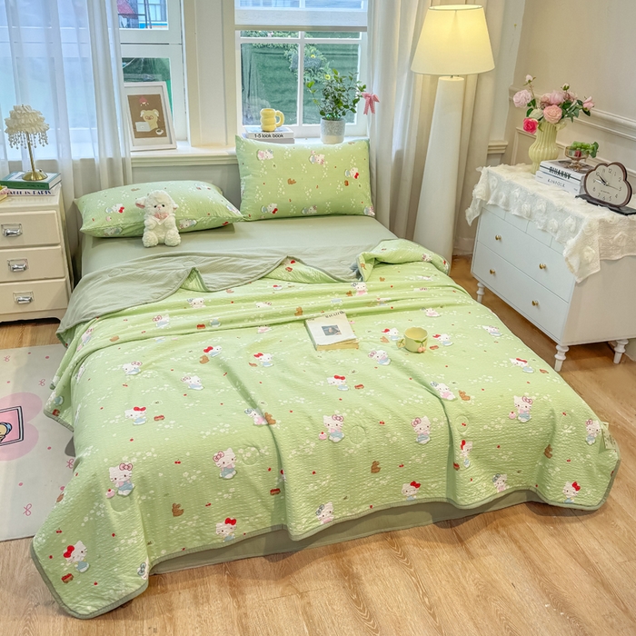 91家纺网 家纺一手货源 找家纺 爱屋及屋 2026春夏新款泡芙棉棉花夏被夏凉被空调被 泡芙KT-绿