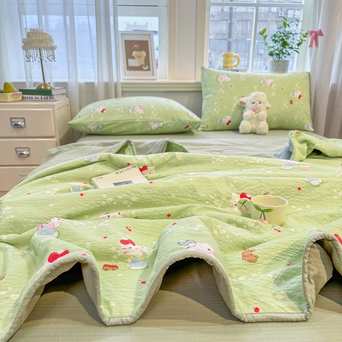 91家纺网 家纺一手货源 找家纺 爱屋及屋 2026春夏新款泡芙棉棉花夏被夏凉被空调被 泡芙KT-绿