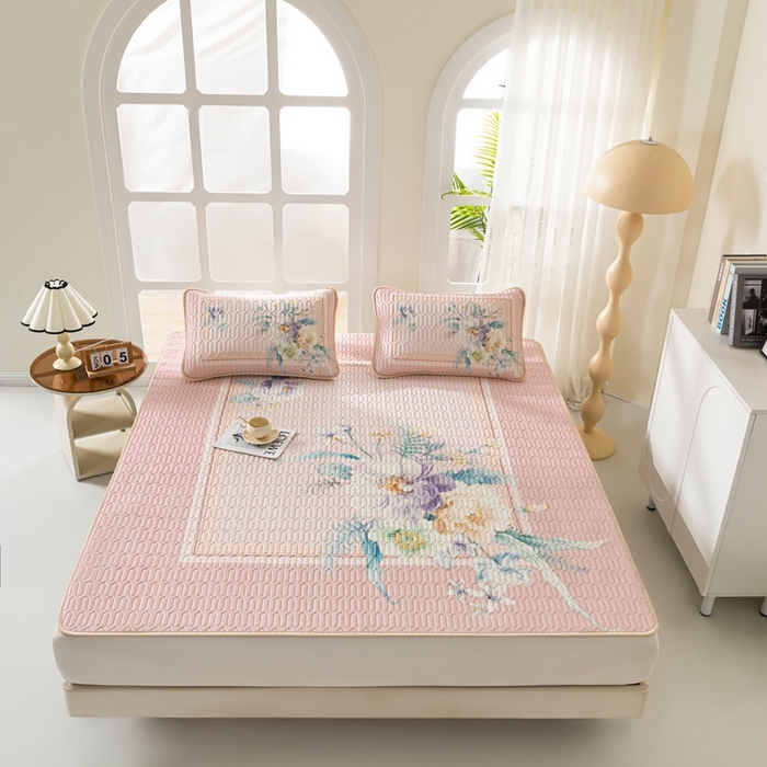 91家纺网 家纺一手货源 找家纺 美丽折 2026新款0.6厚欧式乳胶凉席三件套 施华洛风情