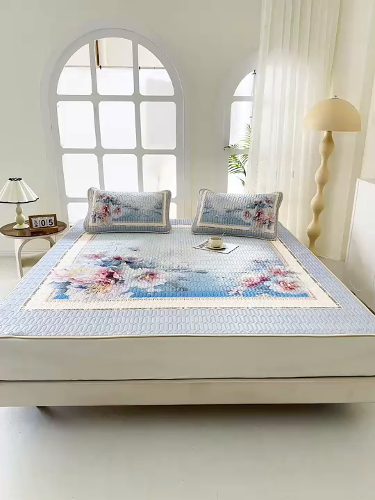 91家纺网 家纺一手货源 找家纺 美丽折 2026新款0.6厚欧式乳胶凉席三件套 水墨江南