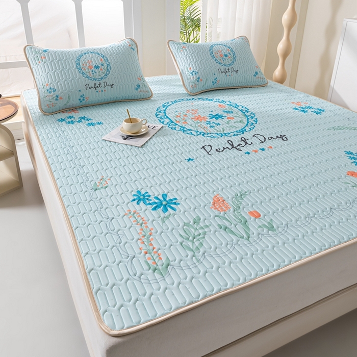 91家纺网 家纺一手货源 找家纺 美丽折 2026新款0.6厚欧式乳胶凉席三件套 温婉花镜-蓝