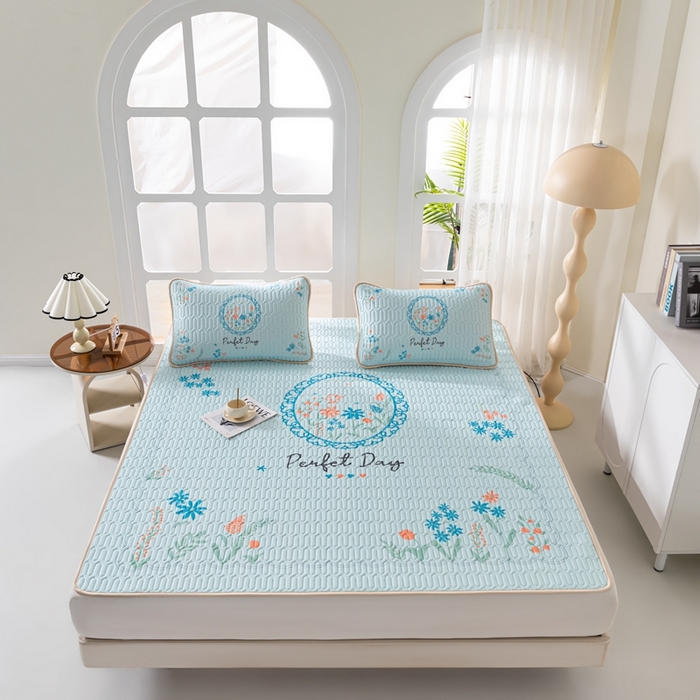 91家纺网 家纺一手货源 找家纺 美丽折 2026新款0.6厚欧式乳胶凉席三件套 温婉花镜-蓝