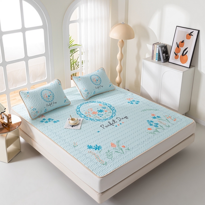 91家纺网 家纺一手货源 找家纺 美丽折 2026新款0.6厚欧式乳胶凉席三件套 温婉花镜-蓝