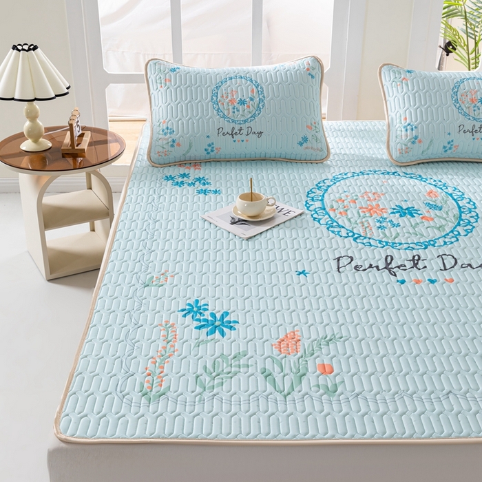 91家纺网 家纺一手货源 找家纺 美丽折 2026新款0.6厚欧式乳胶凉席三件套 温婉花镜-蓝