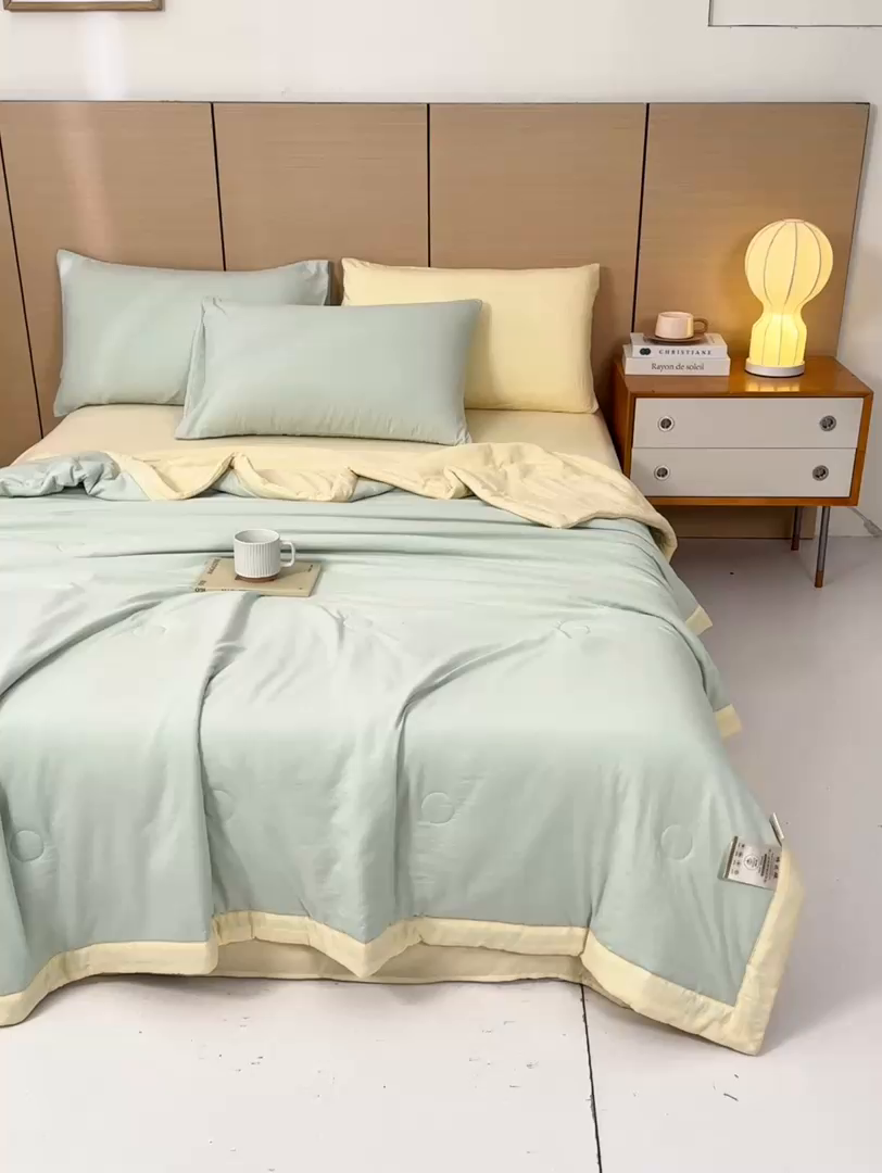 91家纺网 家纺一手货源 找家纺 爱屋及屋 2026新款撞色双拼新疆棉花夏被空调被夏凉被 双拼-米黄果绿