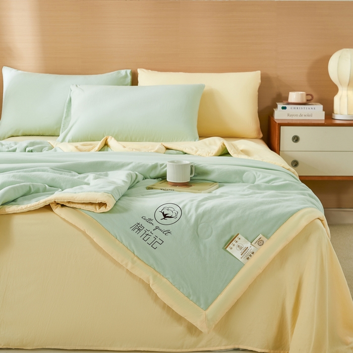 91家纺网 家纺一手货源 找家纺 爱屋及屋 2026新款撞色双拼新疆棉花夏被空调被夏凉被 双拼-米黄果绿