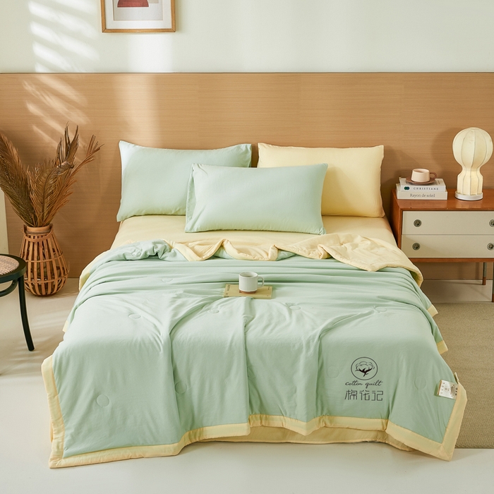 91家纺网 家纺一手货源 找家纺 爱屋及屋 2026新款撞色双拼新疆棉花夏被空调被夏凉被 双拼-米黄果绿