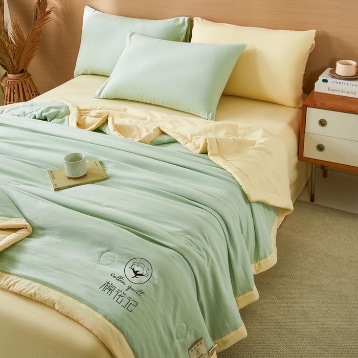 91家纺网 家纺一手货源 找家纺 爱屋及屋 2026新款撞色双拼新疆棉花夏被空调被夏凉被 双拼-米黄果绿