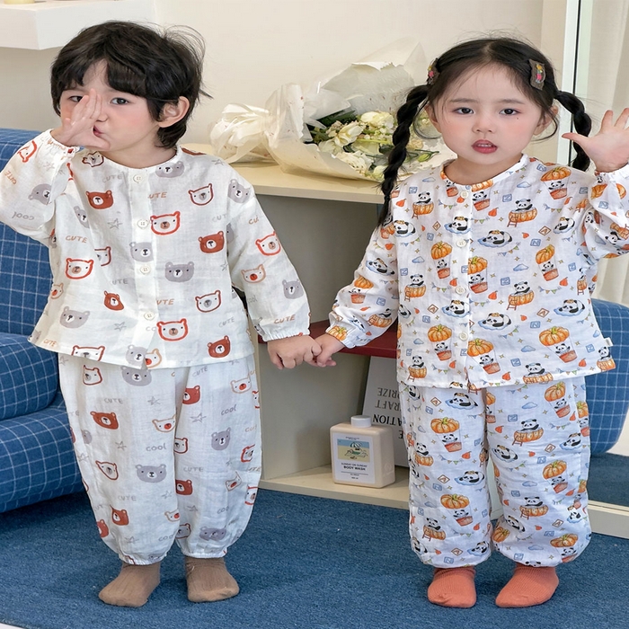 91家纺网 家纺一手货源 找家纺 （总）妍景家居生活馆 2026新款儿童纱布纯棉全棉奶白小熊+南瓜熊猫套装