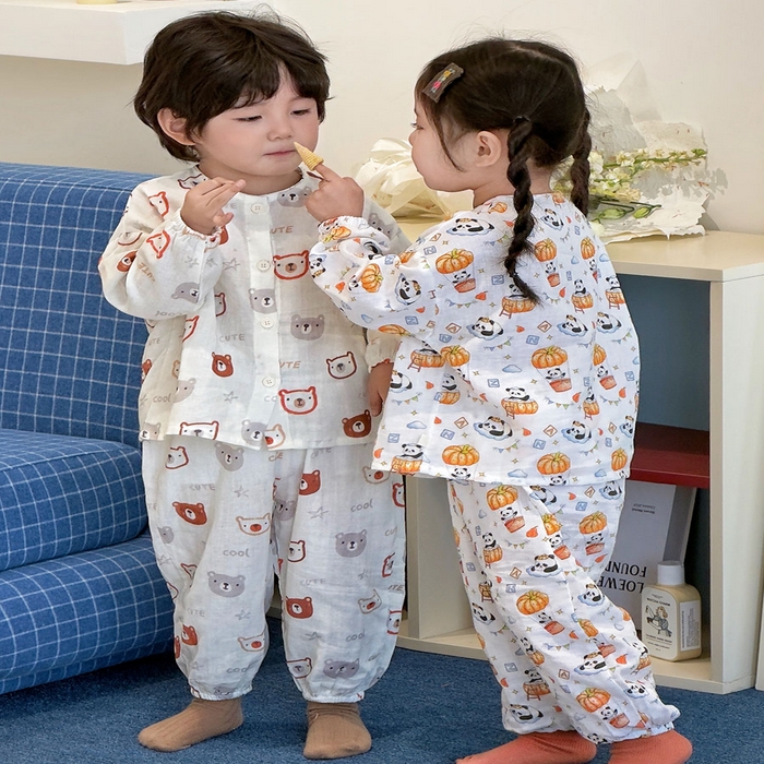 91家纺网 家纺一手货源 找家纺 （总）妍景家居生活馆 2026新款儿童纱布纯棉全棉奶白小熊+南瓜熊猫套装