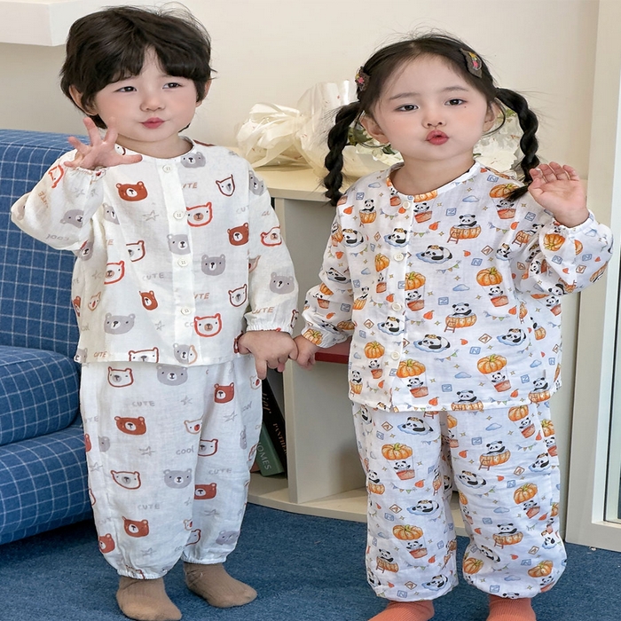 （总）妍景家居生活馆 2026新款儿童纱布纯棉全棉奶白小熊+南瓜熊猫套装