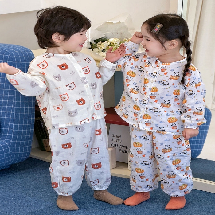 91家纺网 家纺一手货源 找家纺 （总）妍景家居生活馆 2026新款儿童纱布纯棉全棉奶白小熊+南瓜熊猫套装