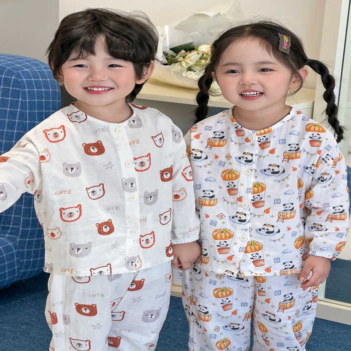 91家纺网 家纺一手货源 找家纺 （总）妍景家居生活馆 2026新款儿童纱布纯棉全棉奶白小熊+南瓜熊猫套装