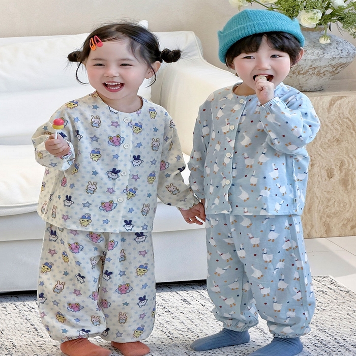 （总）妍景家居生活馆 2026新款儿童纱布纯棉全棉蓝底绅士鹅+星星卡通兔套装