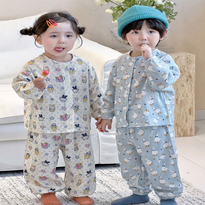 91家纺网 家纺一手货源 找家纺 （总）妍景家居生活馆 2026新款儿童纱布纯棉全棉蓝底绅士鹅+星星卡通兔套装