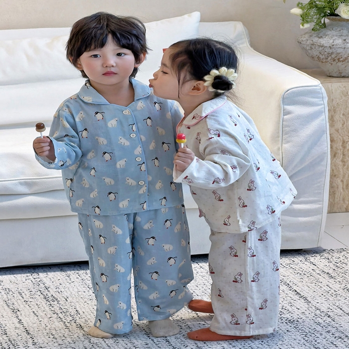 91家纺网 家纺一手货源 找家纺 （总）妍景家居生活馆 2026新款儿童纱布纯棉全棉北极熊+樱桃兔套装