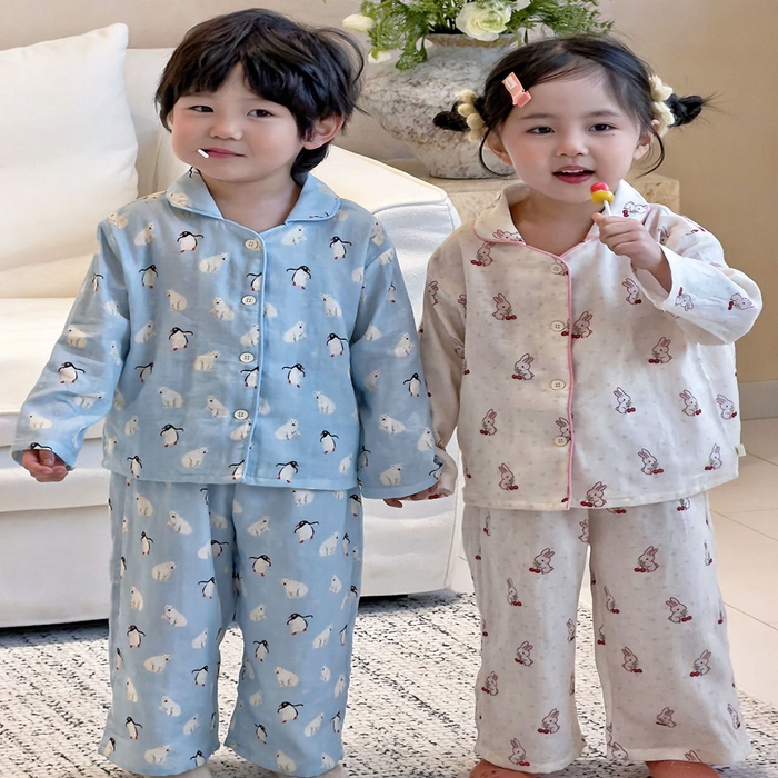 91家纺网 家纺一手货源 找家纺 （总）妍景家居生活馆 2026新款儿童纱布纯棉全棉北极熊+樱桃兔套装