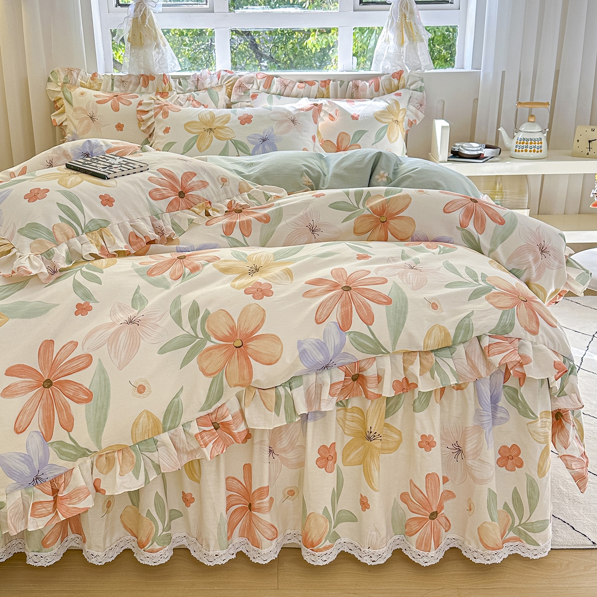 91家纺网 家纺一手货源 找家纺 （总）忘忧草 2026新款全棉夹棉印花床裙四件套单被套