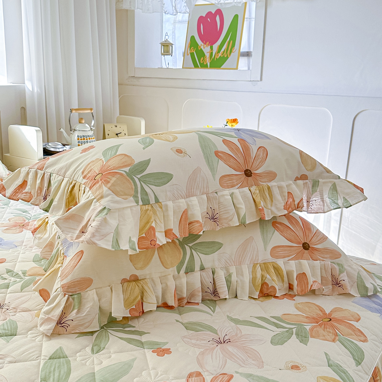 91家纺网 家纺一手货源 找家纺 忘忧草 2026新款全棉夹棉印花床裙四件套单被套 云裳花谷