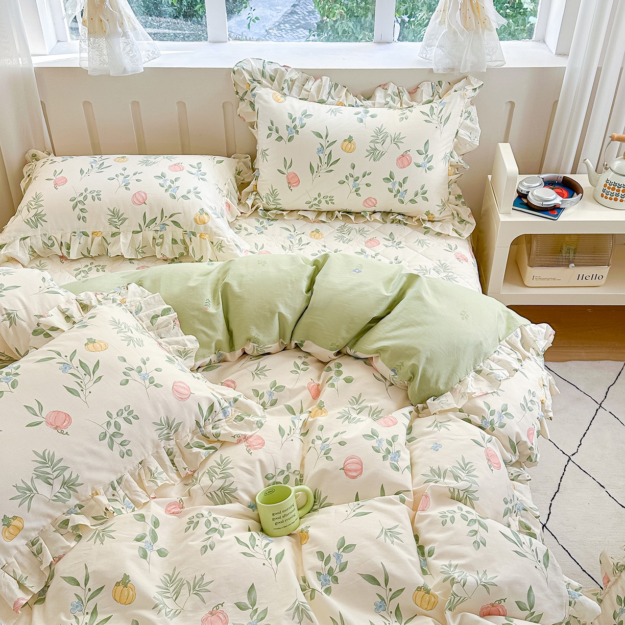 91家纺网 家纺一手货源 找家纺 忘忧草 2026新款全棉夹棉印花床裙四件套单被套 轻婉花语