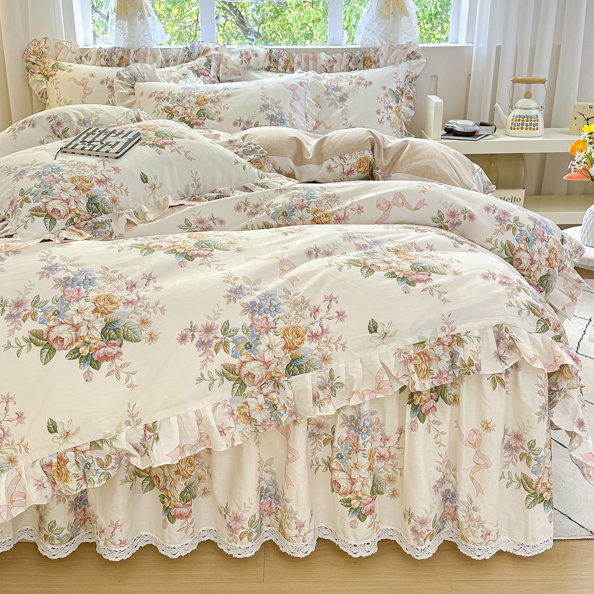 忘忧草 2026新款全棉夹棉印花床裙四件套单被套 花颜悦色