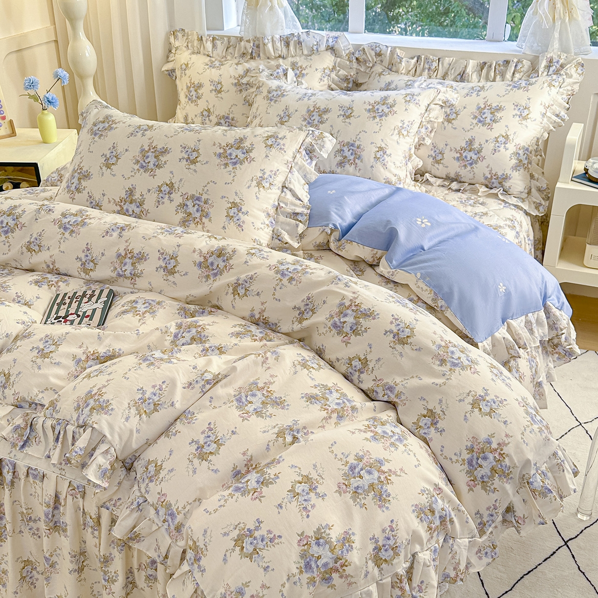 91家纺网 家纺一手货源 找家纺 忘忧草 2026新款全棉夹棉印花床裙四件套单被套 云溪之境