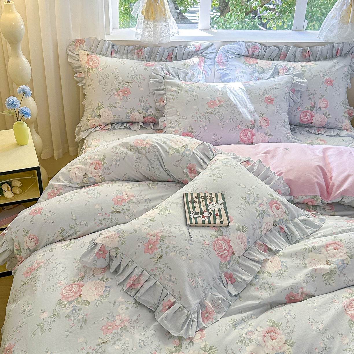 91家纺网 家纺一手货源 找家纺 忘忧草 2026新款全棉夹棉印花床裙四件套单被套 华庭庄园-蓝