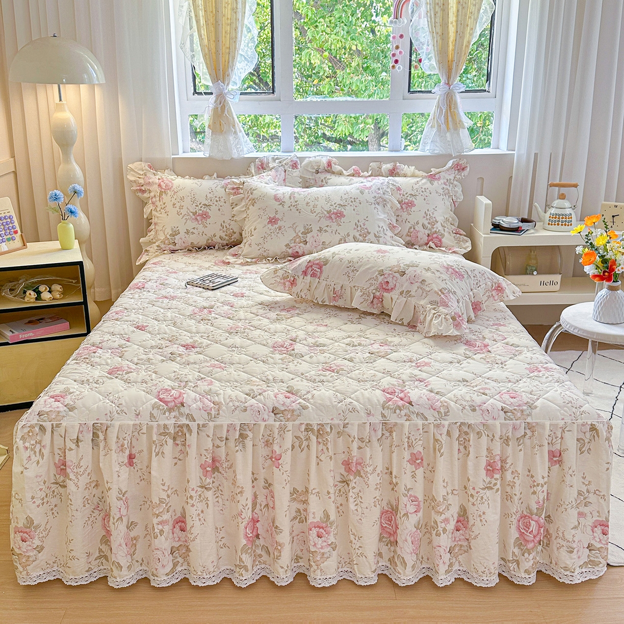 91家纺网 家纺一手货源 找家纺 忘忧草 2026新款全棉夹棉印花床裙四件套单被套 华庭庄园-米