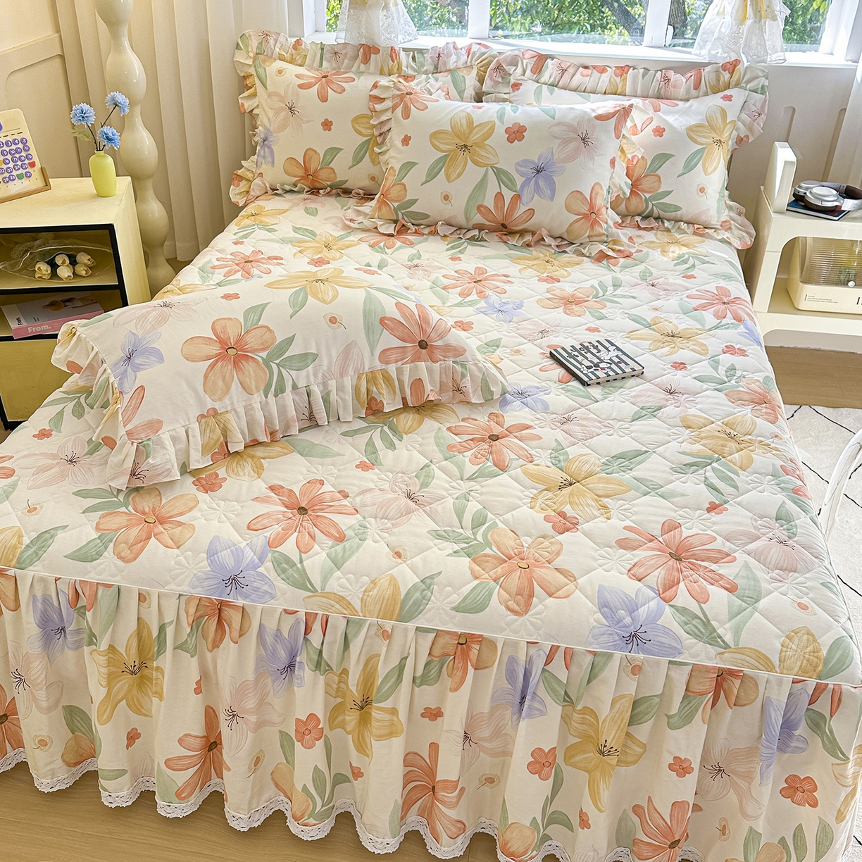 91家纺网 家纺一手货源 找家纺 忘忧草 2026新款全棉夹棉印花床裙四件套单被套 云裳花谷