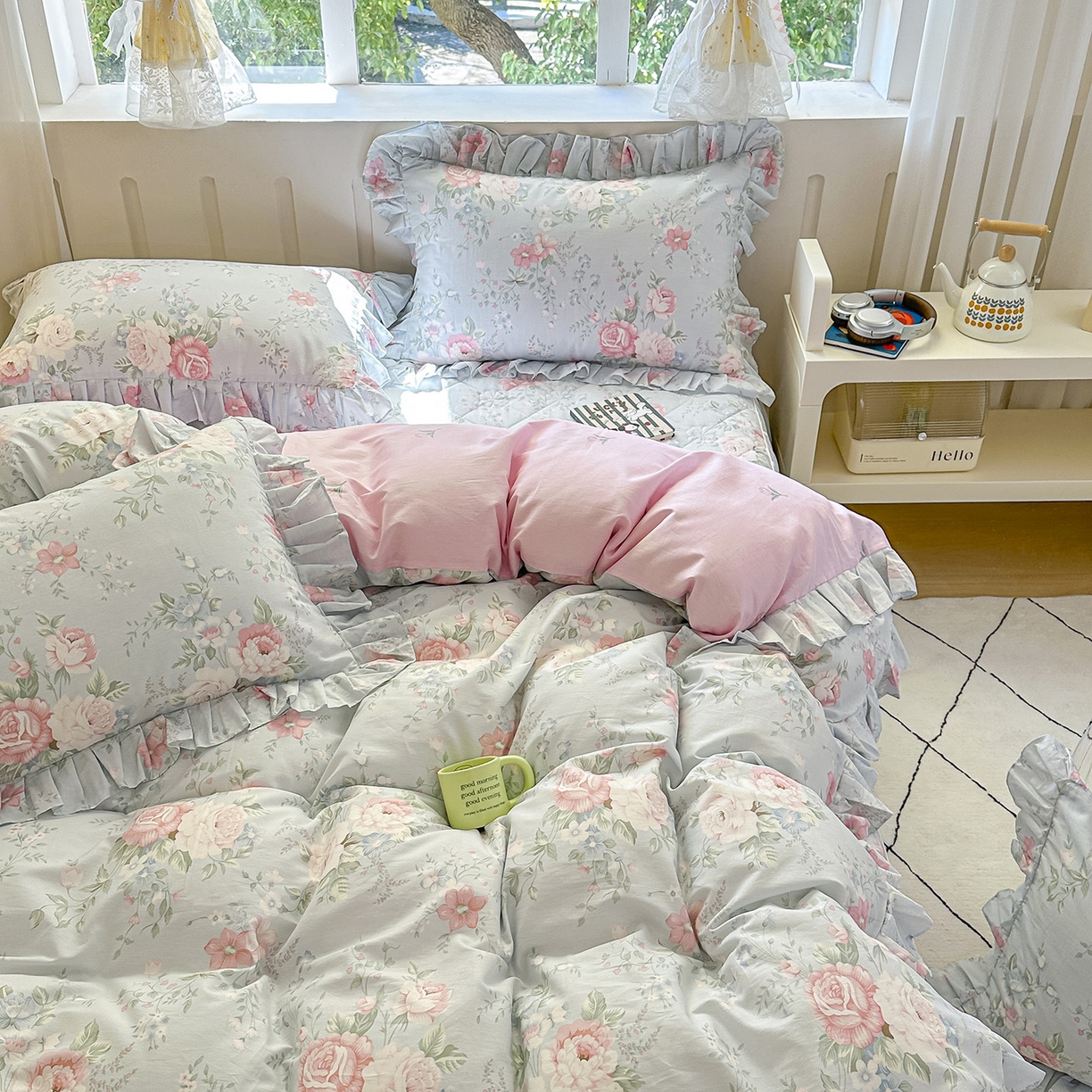 91家纺网 家纺一手货源 找家纺 忘忧草 2026新款全棉夹棉印花床裙四件套单被套 华庭庄园-蓝