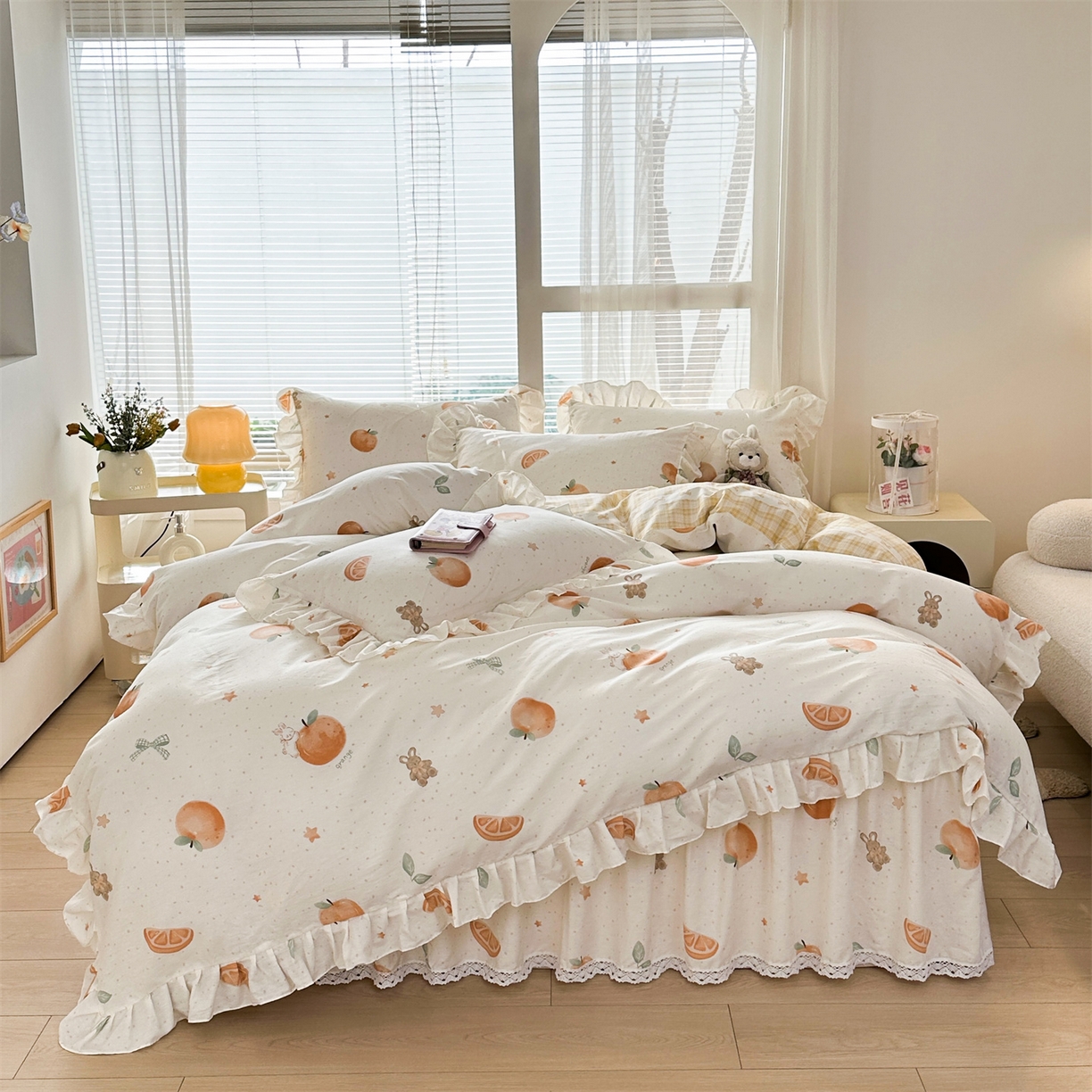 91家纺网 家纺一手货源 找家纺 忘忧草 2026新款全棉夹棉印花床裙四件套单被套 甜桔小兔